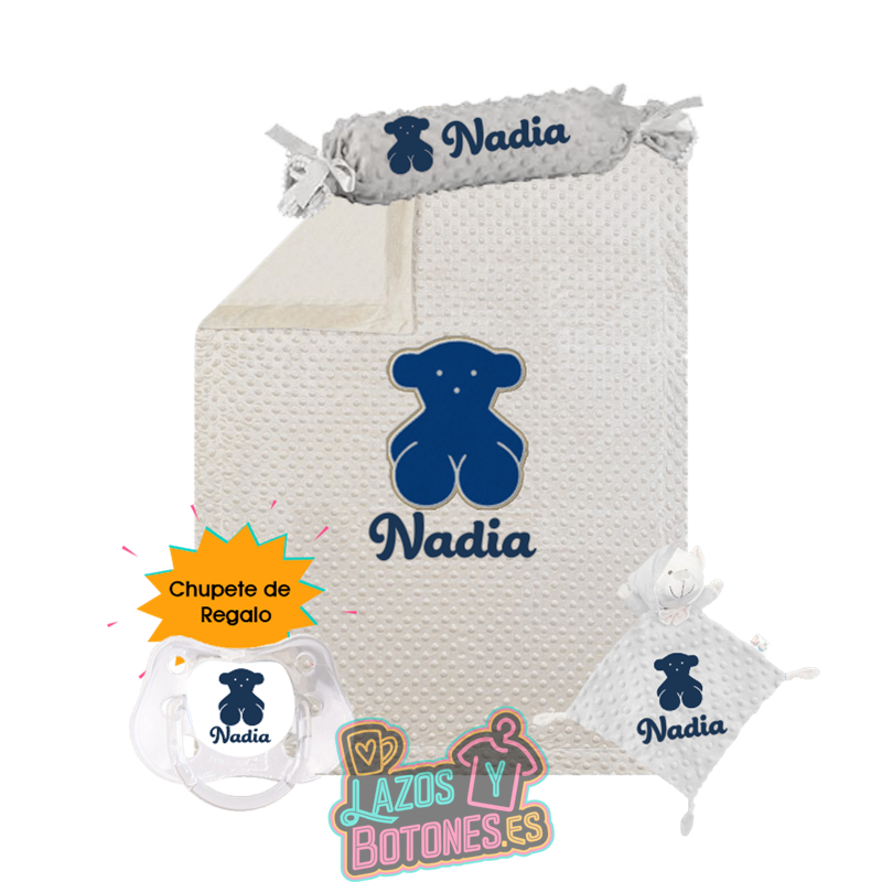 Canastilla bebé personalizada – Mod. Osito Azul Marino con chupete de regalo