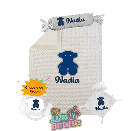 Canastilla bebé personalizada – Mod. Osito Azul Marino con chupete de regalo