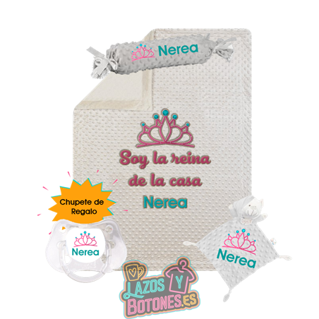 Canastilla personalizada bebé – Mod. Corona Princesa / Reina + Chupete de regalo