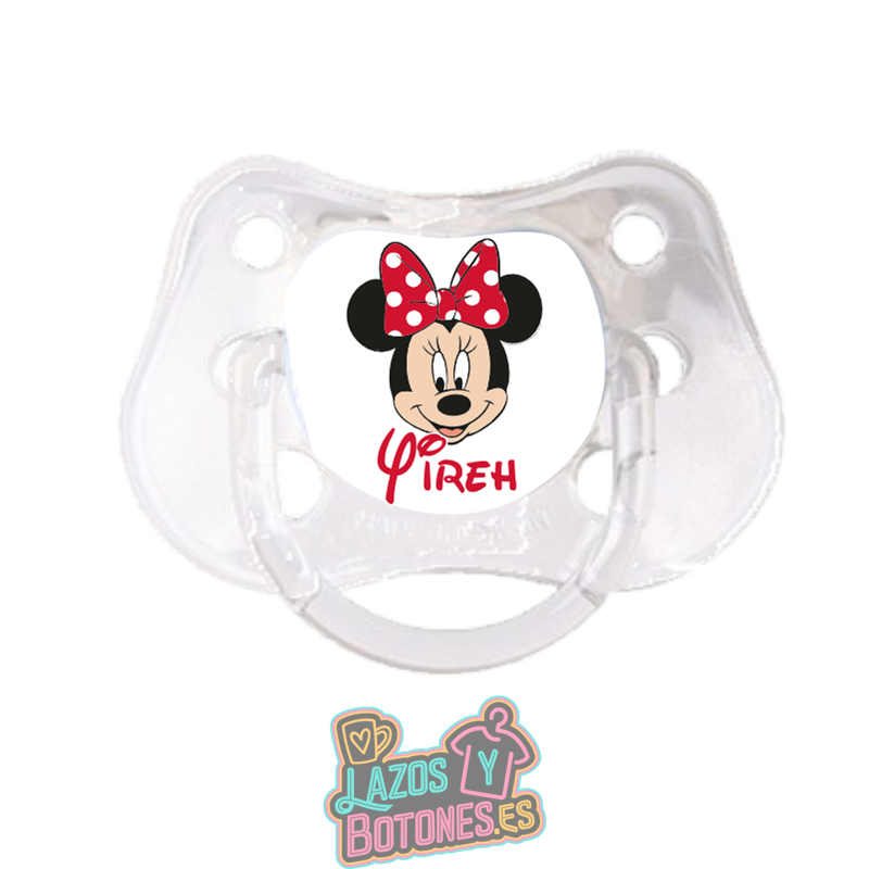 Chupete personalizado Minnie Mouse lunares rojos con nombre – 0 a 6 meses