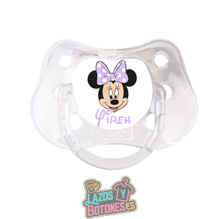 Chupete personalizado Minnie Mouse lunares lila con nombre – 0 a 6 meses