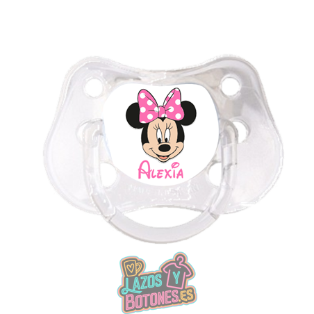 Chupete personalizado Minnie Mouse lunares fucsia con nombre – 0 a 6 meses