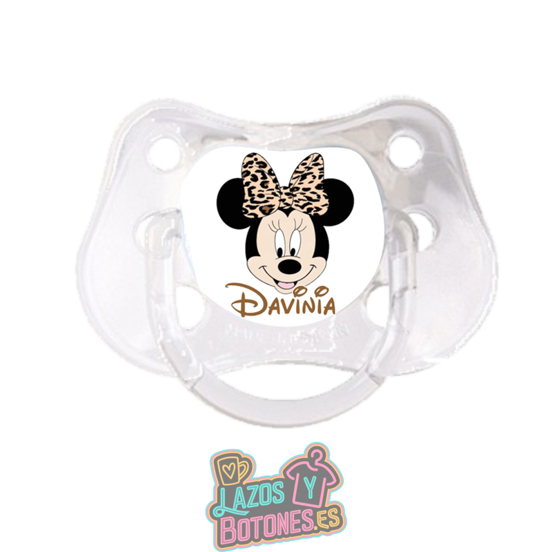 Chupete personalizado Minnie Mouse lazo leopardo con nombre – 0 a 6 meses
