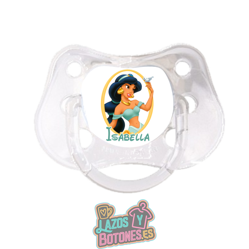 Chupete personalizado Princesa Jasmine marco con nombre – 0 a 6 meses | Lazos y Botones