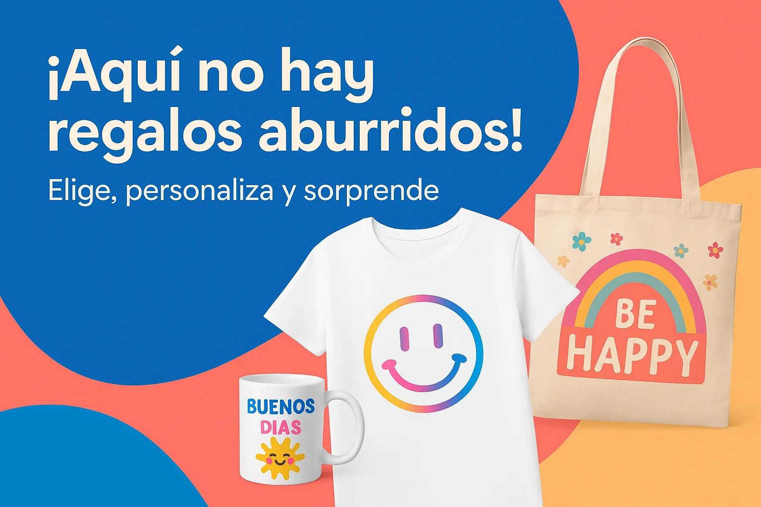 Banner de Lazos y Botones con camiseta, taza y bolsa personalizadas, texto “Aquí no hay regalos aburridos”.